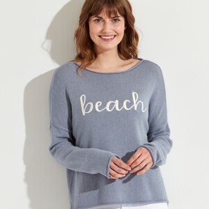 Mia & Tess Beach Embroidered Sweater in Blue Size Medium Relaxed Oversized